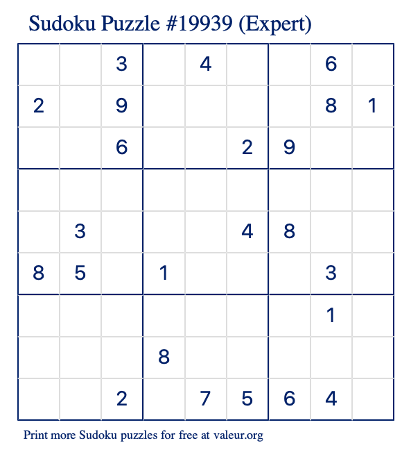 Free Printable Expert Sudoku Puzzle number 19939