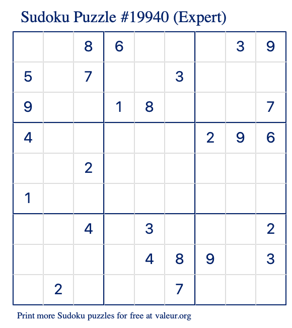 Free Printable Expert Sudoku Puzzle number 19940