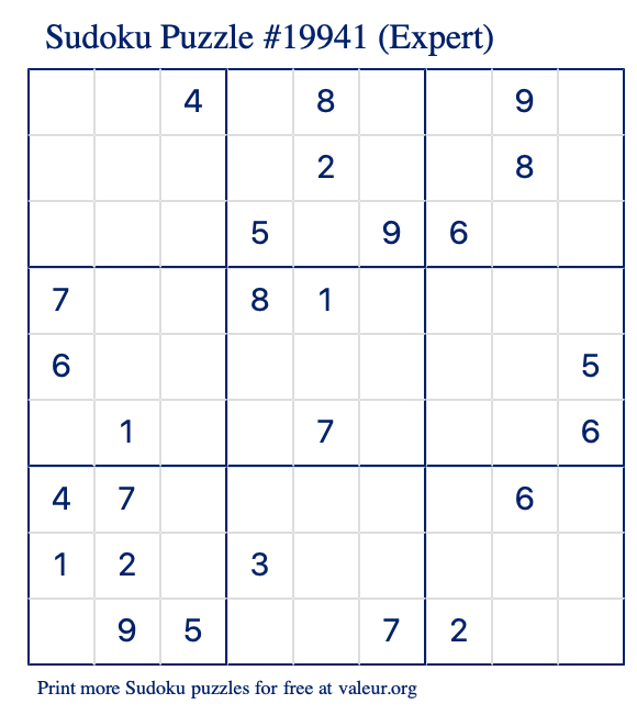 Free Printable Expert Sudoku Puzzle number 19941