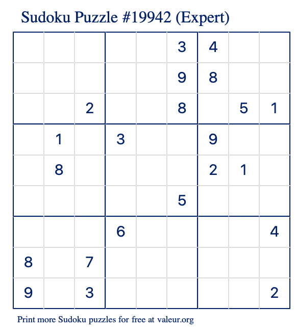 Free Printable Expert Sudoku Puzzle number 19942