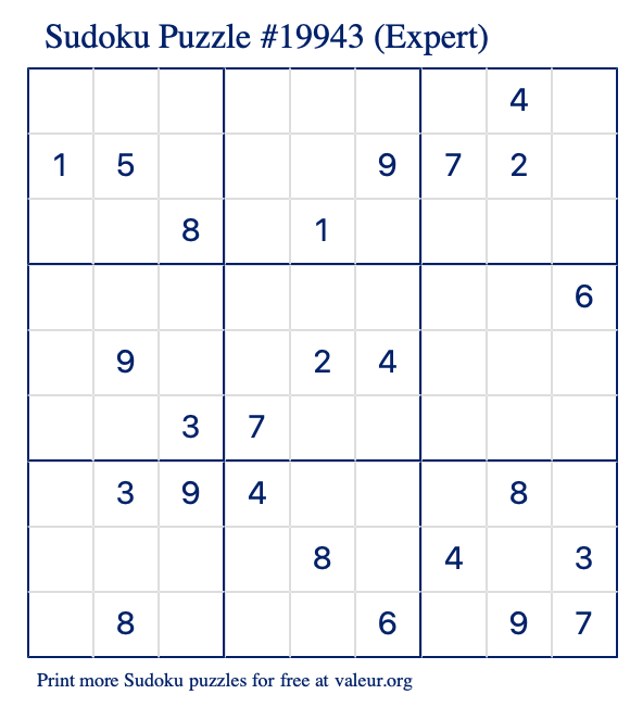 Free Printable Expert Sudoku Puzzle number 19943