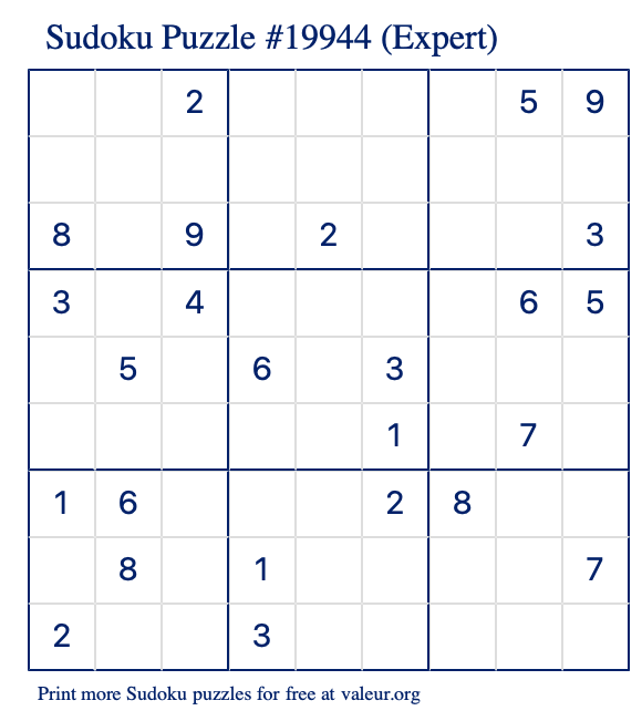 Free Printable Expert Sudoku Puzzle number 19944