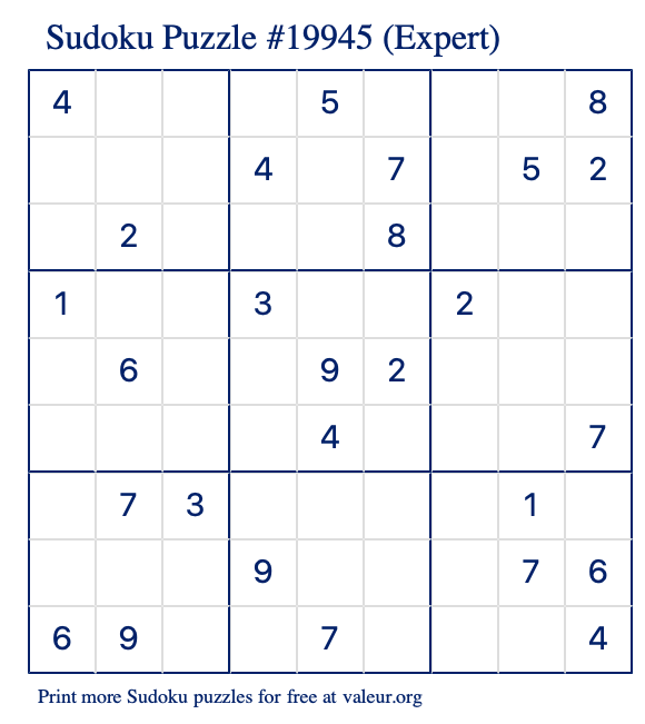 Free Printable Expert Sudoku Puzzle number 19945