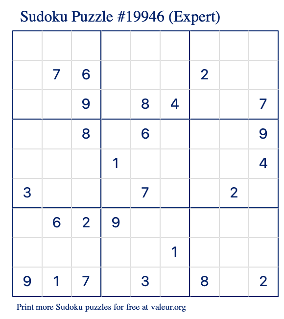 Free Printable Expert Sudoku Puzzle number 19946