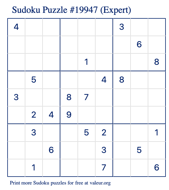 Free Printable Expert Sudoku Puzzle number 19947