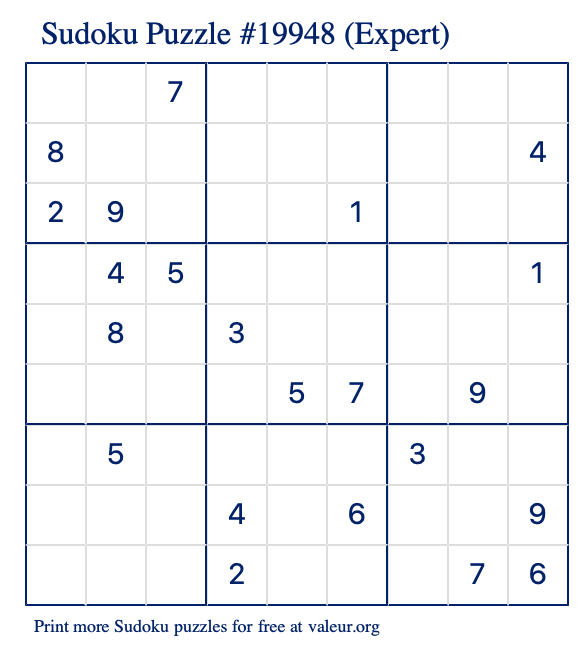 Free Printable Expert Sudoku Puzzle number 19948