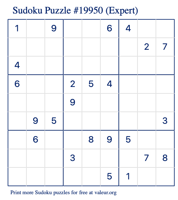 Free Printable Expert Sudoku Puzzle number 19950