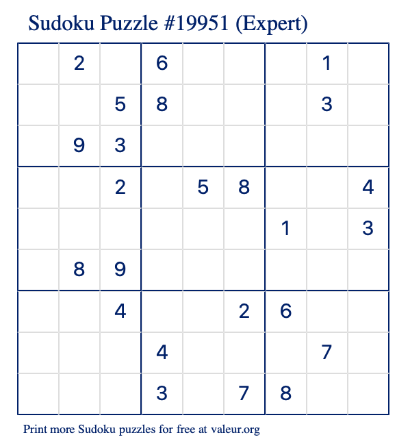 Free Printable Expert Sudoku Puzzle number 19951