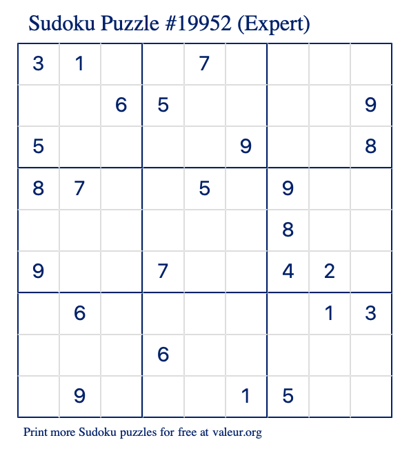 Free Printable Expert Sudoku Puzzle number 19952