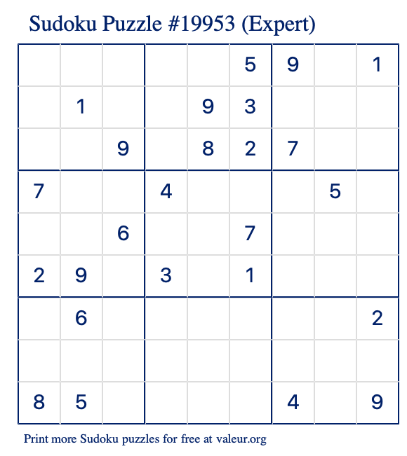 Free Printable Expert Sudoku Puzzle number 19953