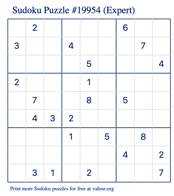 Free Printable Expert Sudoku Puzzle number 19954