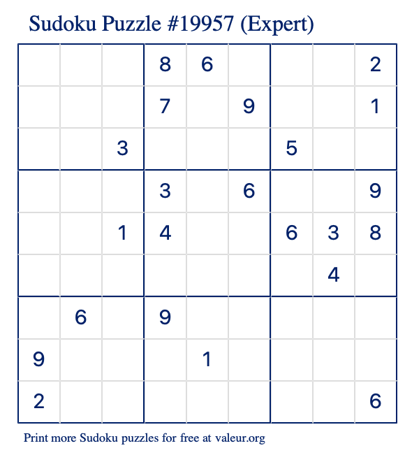 Free Printable Expert Sudoku Puzzle number 19957