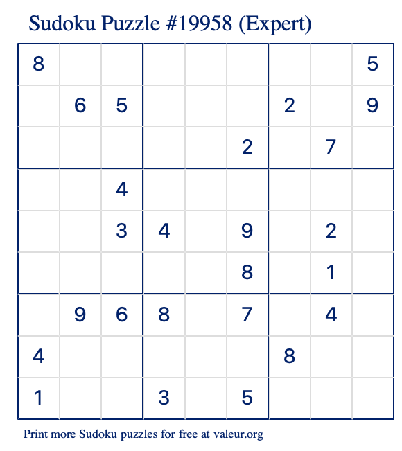 Free Printable Expert Sudoku Puzzle number 19958