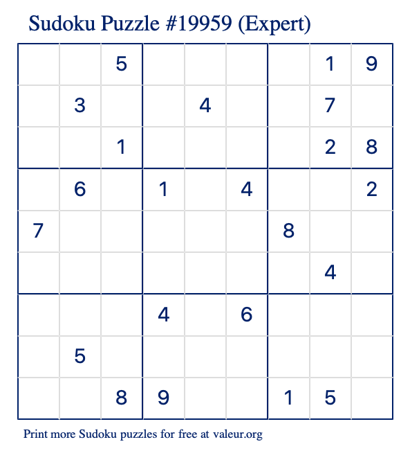 Free Printable Expert Sudoku Puzzle number 19959