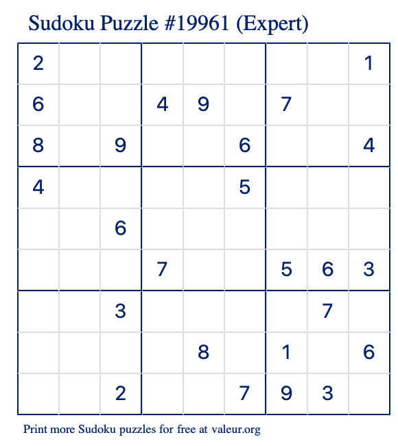 Free Printable Expert Sudoku Puzzle number 19961