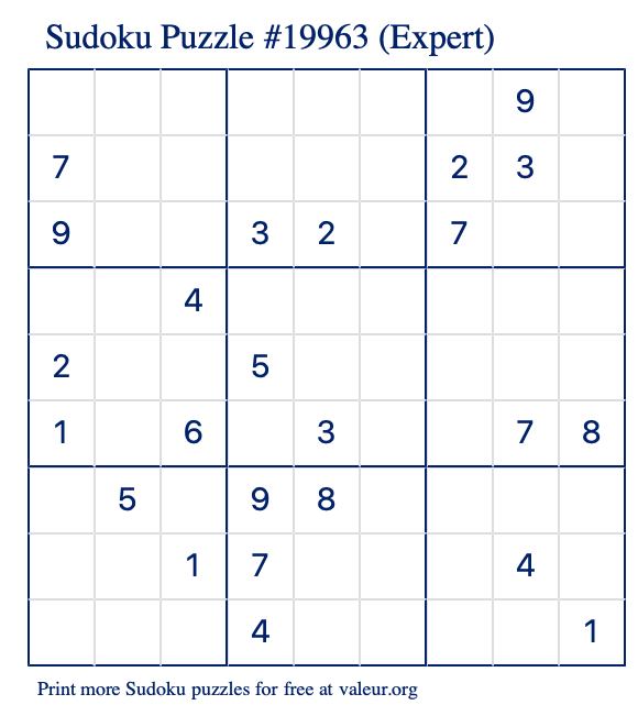 Free Printable Expert Sudoku Puzzle number 19963