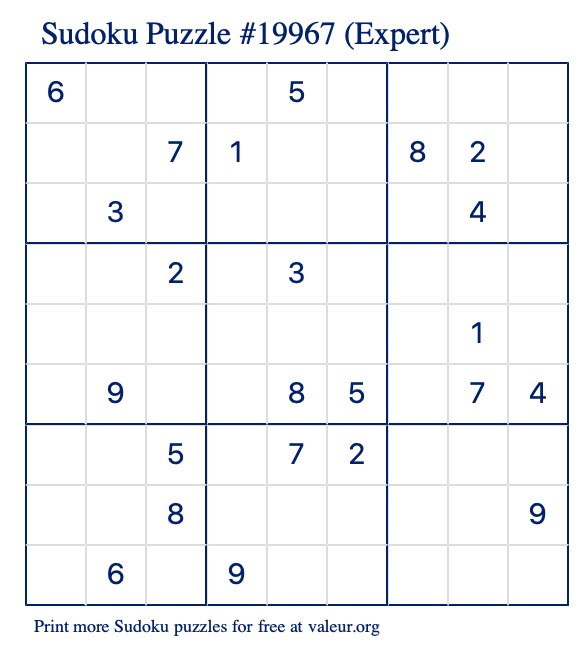 Free Printable Expert Sudoku Puzzle number 19967