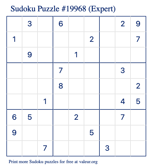 Free Printable Expert Sudoku Puzzle number 19968