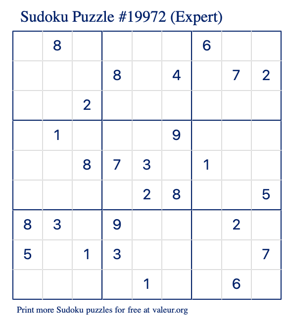 Free Printable Expert Sudoku Puzzle number 19972