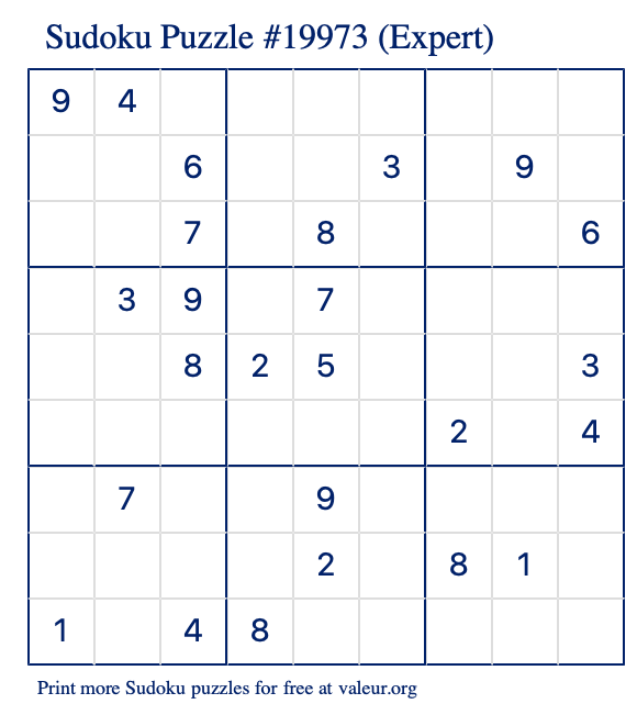 Free Printable Expert Sudoku Puzzle number 19973