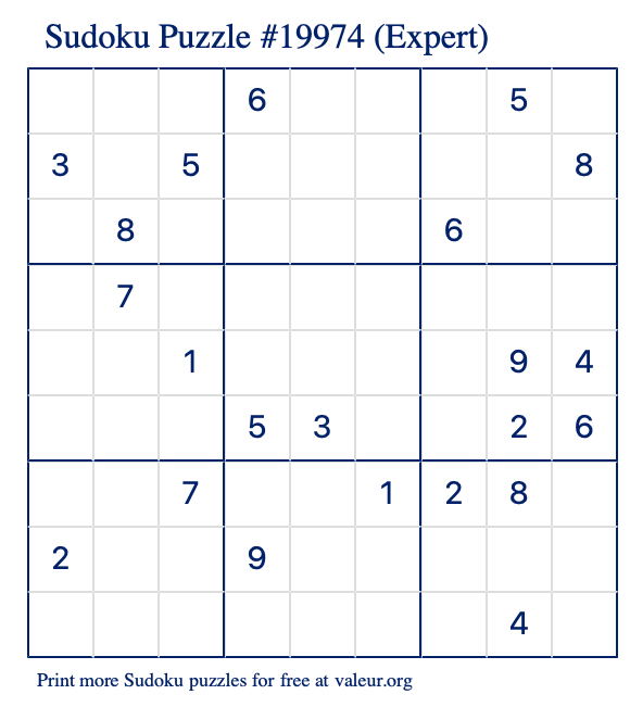 Free Printable Expert Sudoku Puzzle number 19974