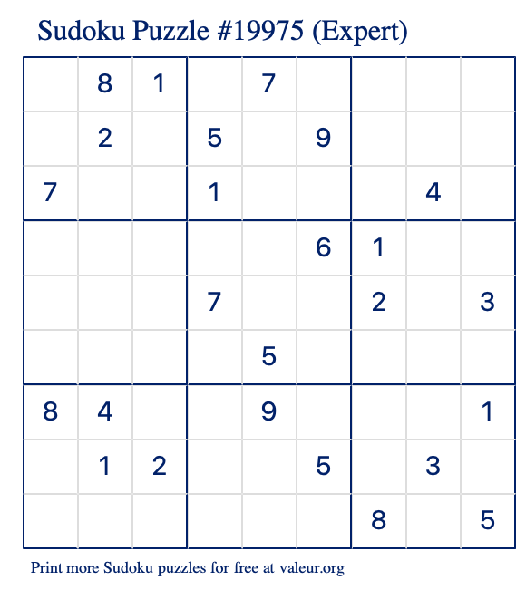 Free Printable Expert Sudoku Puzzle number 19975