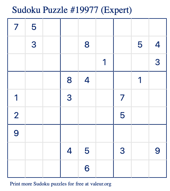 Free Printable Expert Sudoku Puzzle number 19977