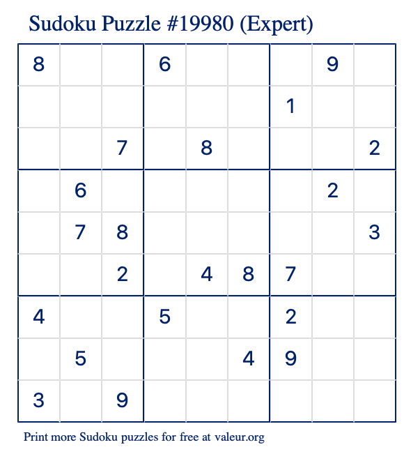 Free Printable Expert Sudoku Puzzle number 19980