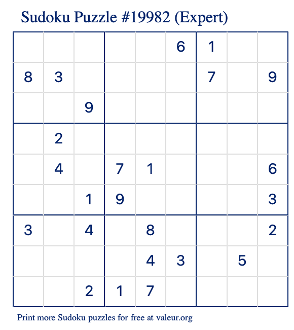 Free Printable Expert Sudoku Puzzle number 19982