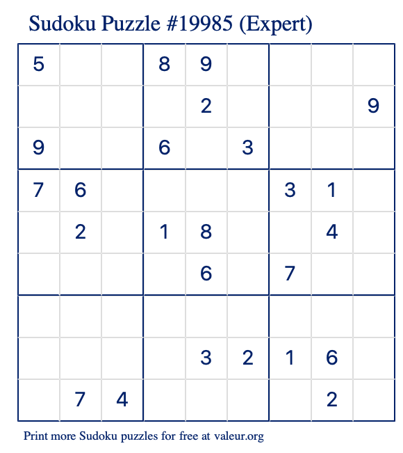 Free Printable Expert Sudoku Puzzle number 19985