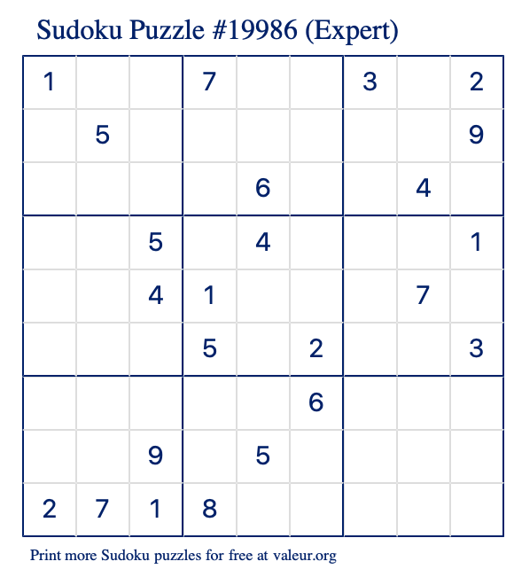 Free Printable Expert Sudoku Puzzle number 19986