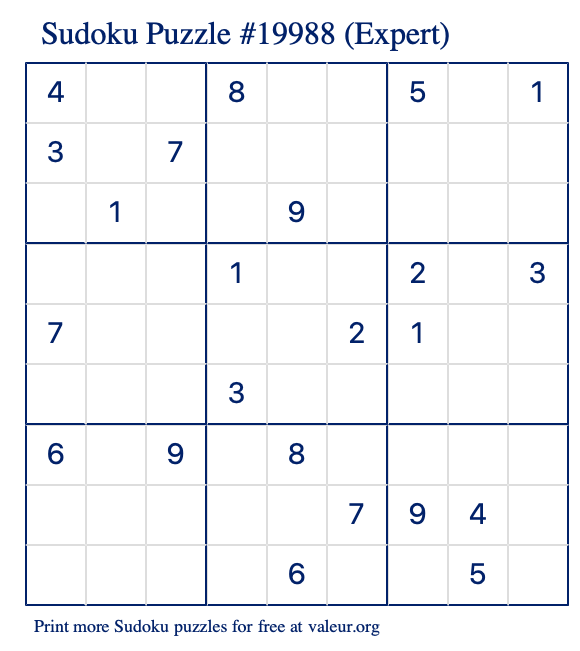 Free Printable Expert Sudoku Puzzle number 19988