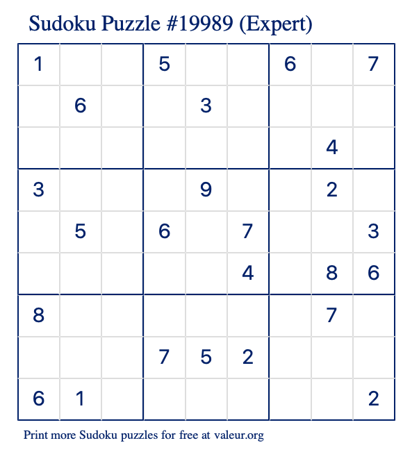 Free Printable Expert Sudoku Puzzle number 19989