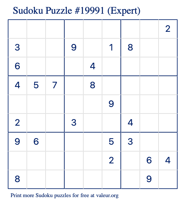 Free Printable Expert Sudoku Puzzle number 19991