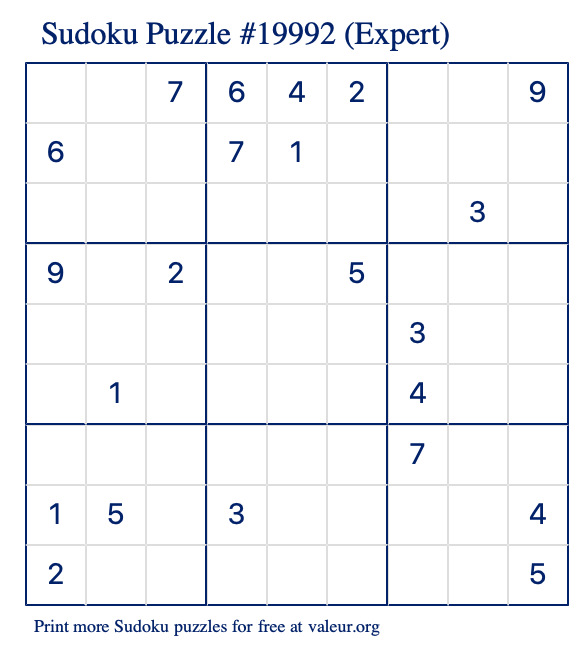 Free Printable Expert Sudoku Puzzle number 19992