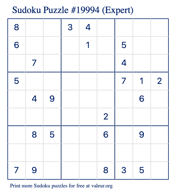 Free Printable Expert Sudoku Puzzle number 19994