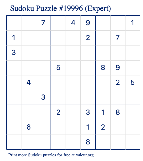 Free Printable Expert Sudoku Puzzle number 19996