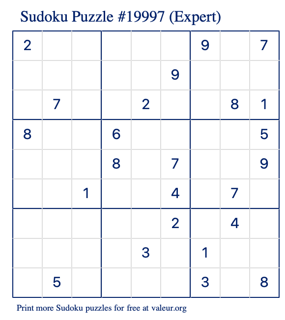 Free Printable Expert Sudoku Puzzle number 19997