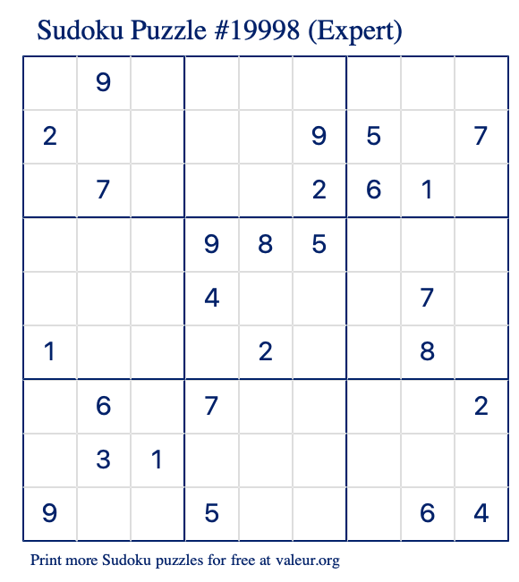 Free Printable Expert Sudoku Puzzle number 19998