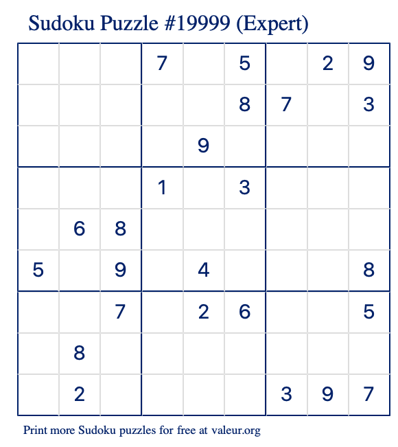 Free Printable Expert Sudoku Puzzle number 19999