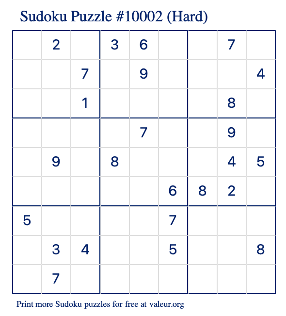 Free Printable Hard Sudoku Puzzle number 10002