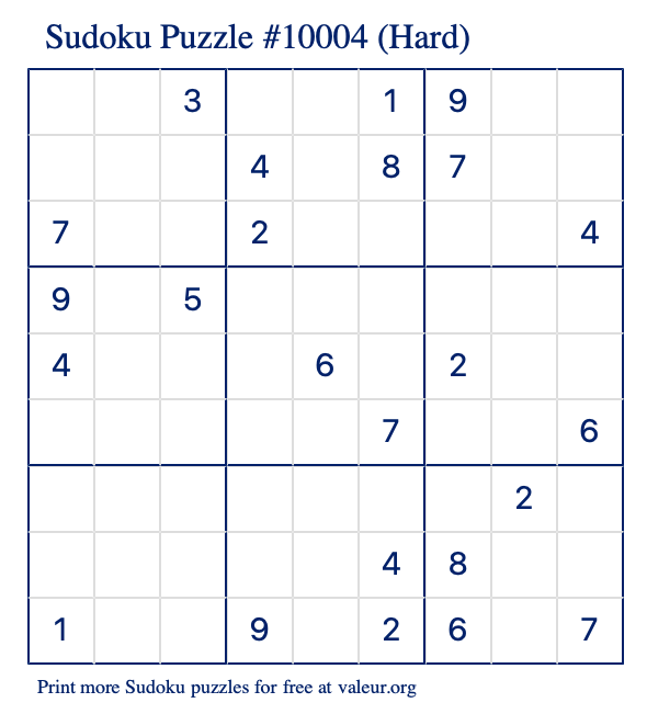 Free Printable Hard Sudoku Puzzle number 10004