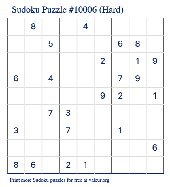 Free Printable Hard Sudoku Puzzle number 10006