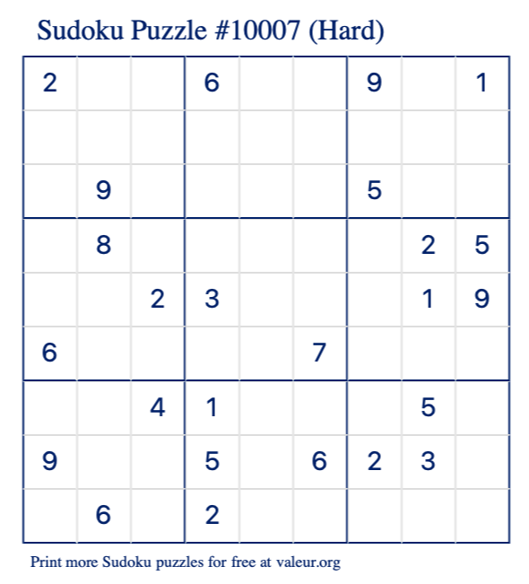 Free Printable Hard Sudoku Puzzle number 10007