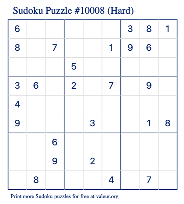 Free Printable Hard Sudoku Puzzle number 10008