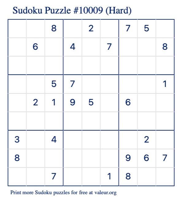 Free Printable Hard Sudoku Puzzle number 10009
