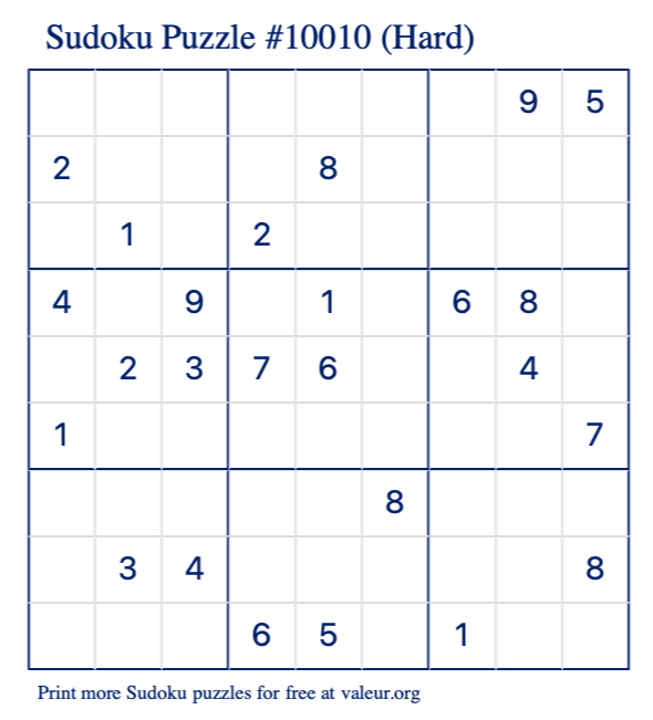 Free Printable Hard Sudoku Puzzle number 10010