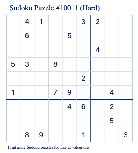 Free Printable Hard Sudoku Puzzle number 10011