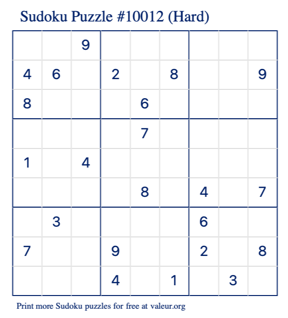 Free Printable Hard Sudoku Puzzle number 10012