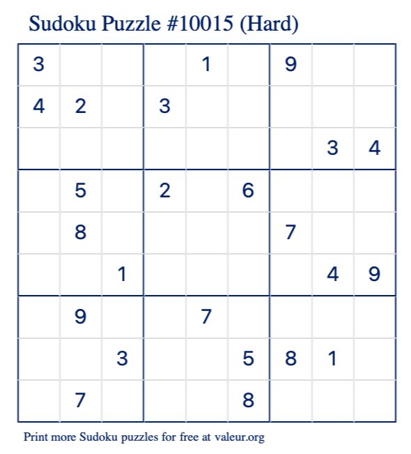 Free Printable Hard Sudoku Puzzle number 10015